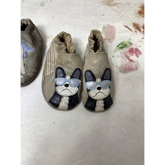 Robeez Gray Brown Leather Baby Dinosaur/dog Crib Shoes 6-12 Months 2 Pair - Picture 5 of 8
